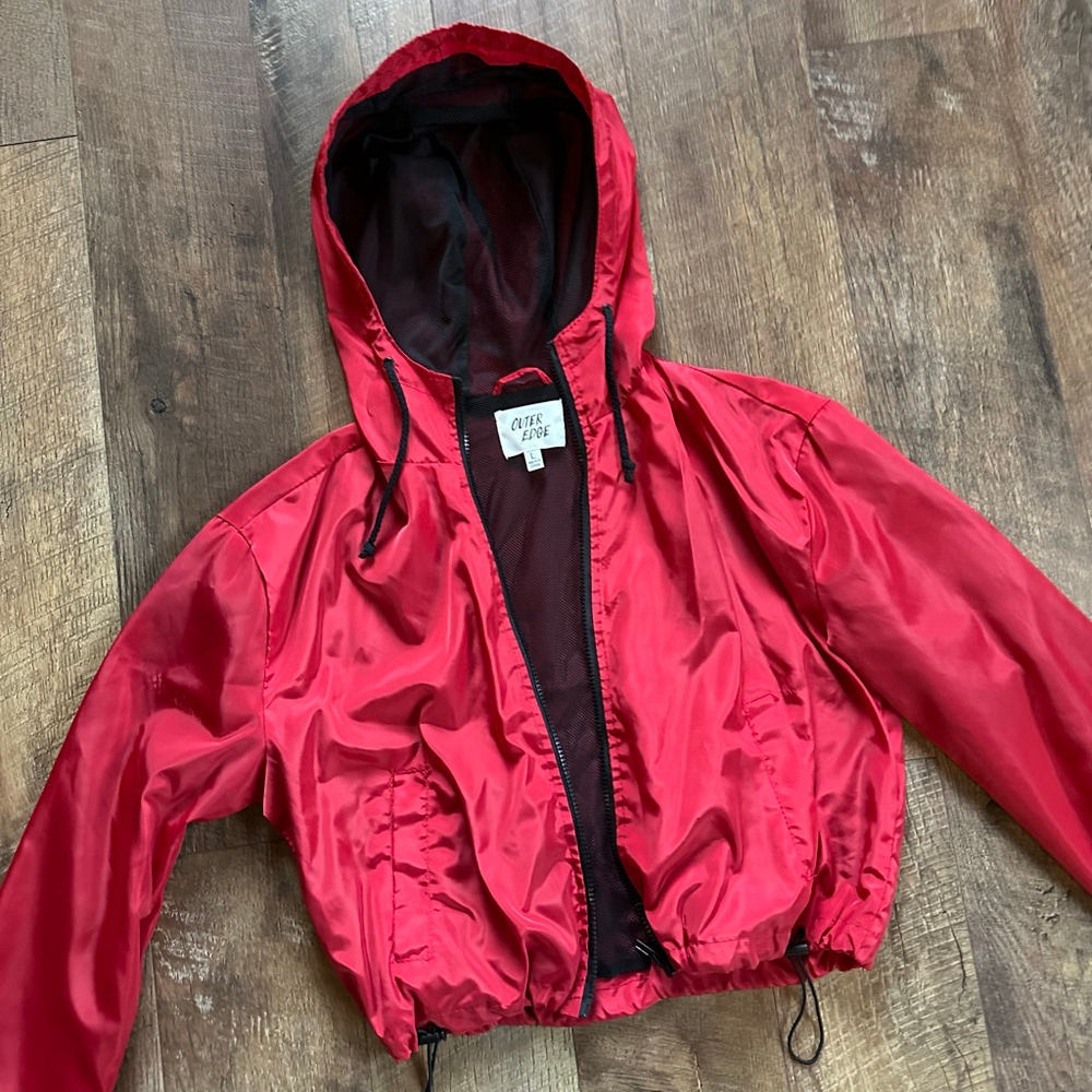 Women's Outer Edge Red & Black Cropped Hooded Windbreaker Jacket L